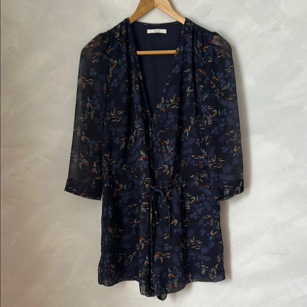 Sessun Tucano Romper Jumpsuit, chiffon navy blue floral foliage, size 36 small